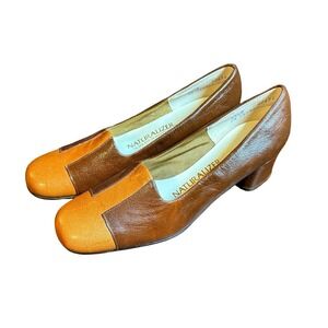 Naturalizer Brown Two Tone Leather Block Vintage Heel Pumps Square Toe 6.5 AA/B
